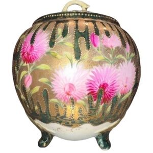 Antique Kutani-Yaki Japanese Biscuit Cracker‎ Jar 3 Legged Floral Kutani Ware